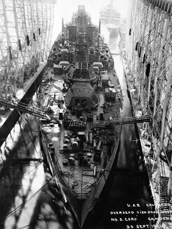 USS Colorado (BB-45) - N3157D.jpg :: USS Colorado (BB-45), Battleship, Post-WW-I - US NAVY PHOTO: Overhead view of USS Colorado (BB-45), showing stern, at New York Shipbuilding Corporation 30 Sep 1921.