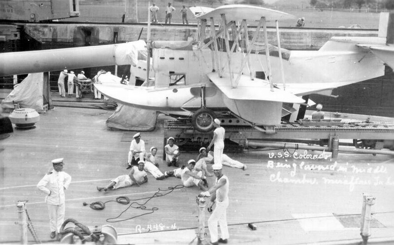 USS Colorado (BB-45) - N3158D.jpg :: USS Colorado (BB-45), Battleship, Post-WW I - US NAVY PHOTO: Detail view showing USS Colorado (BB-45) in Miraflores Lock, Panama Canal, circa 1926, with unmarked Loening OL-6 on catapult.
