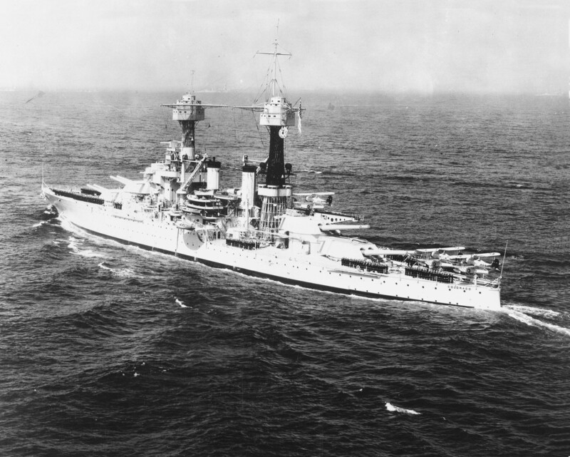 USS Colorado (BB-45) - N3158K.jpg :: USS Colorado (BB-45), Battleship, Post-WW I - US NAVY PHOTO: Sharp, detailed photo of the USS Colorado (BB-45), possibly with three Loening OL-6 scout planes on her turret catapults, circa 1930s.