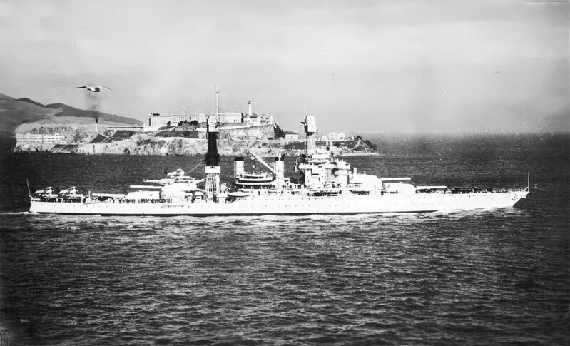 USS Colorado (BB-45) - N3158L.jpg :: USS Colorado (BB-45), Battleship, Post-WW I - US NAVY PHOTO: Accompanied by a seagull, the USS Colorado (BB-45) passes Alcatraz Island, circa 1930's.