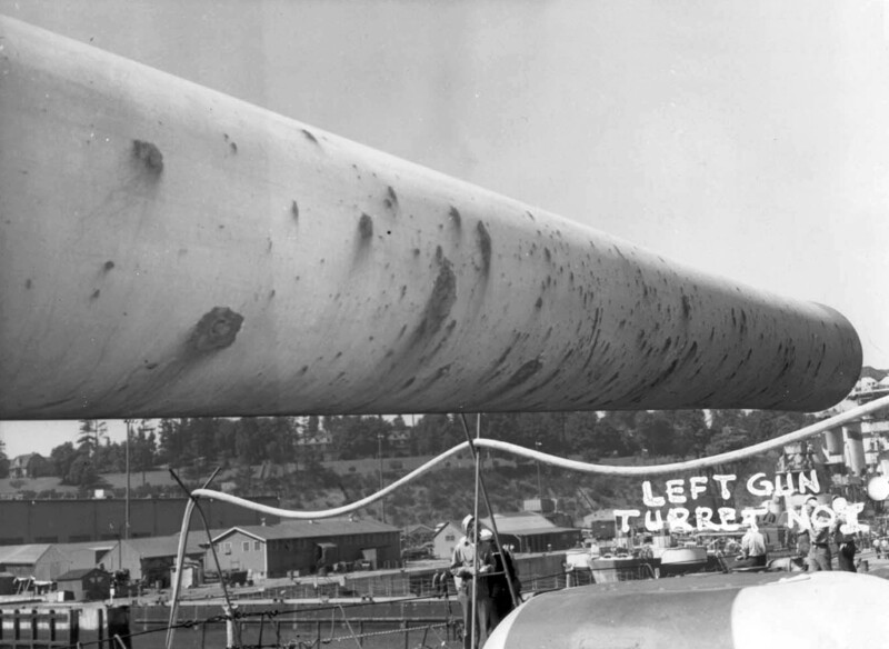 USS Colorado (BB-45) - N3160G.jpg :: USS Colorado (BB-45), Battleship, WW II - US NAVY PHOTO: USS Colorado (BB-45) in Puget Sound on 21 Aug 1944. Damage in action of 24 Jul, 1944 at Saipan. Hit #9 at frame 37 (starboard) 15\