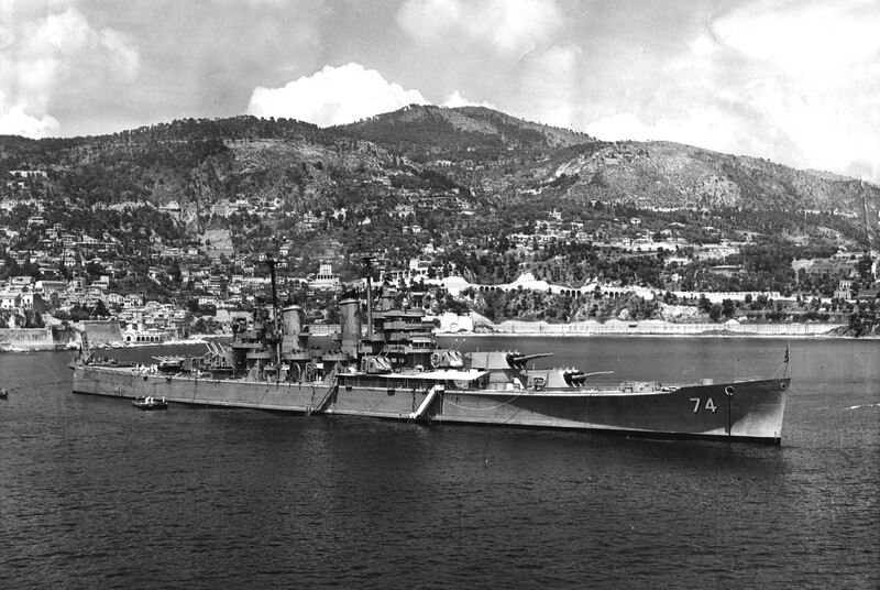 USS Columbus (CA-74) - N1923B.jpg :: USS Columbus (CA-74), Heavy Cruiser, WW II - US NAVY PHOTO: USS Columbus (CA 74) moored off Monaco, date unknown.
