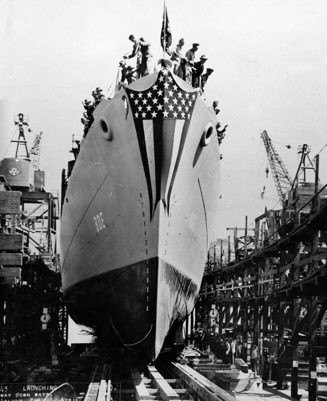 USS Emery (DE-28) - N10473.jpg :: USS Emery (DE-28), Destroyer Escort, WW II - US NAVY PHOTO: Launching at Mare Island, CA, as broad on bow view, on ways, 17 Apr 1943.