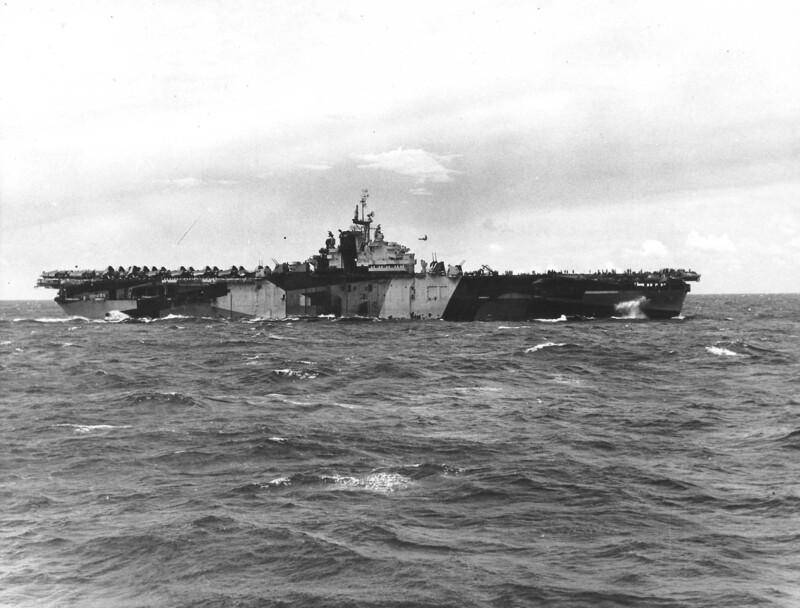 USS Franklin (CV-13) - N102C.jpg :: USS Franklin (CV-13), Aircraft Carrier, WW II - US NAVY PHOTO: USS Franklin (CV-13) operating near the Marianas, 1 Aug 1944. Photographed from USS Hornet (CV-12). Franklin is painted in camouflage Measure 32, Design 6a. At this time, Design 6a was applied only to her starboard side. She wore Design 3a on the port side.