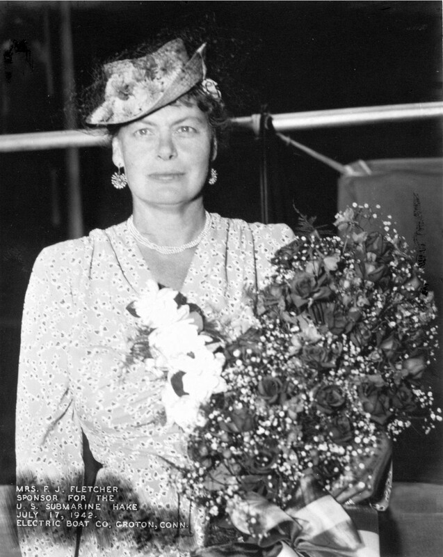 USS Hake (SS-256) - N9477E.jpg :: USS Hake (SS-256), Submarine, Attack, WW II - US NAVY PHOTO: Broadside & port photos of USS Hake's (SS-256) sponsor, Mrs. F. J. Fletcher, wife of Rear Admiral Fletcher.