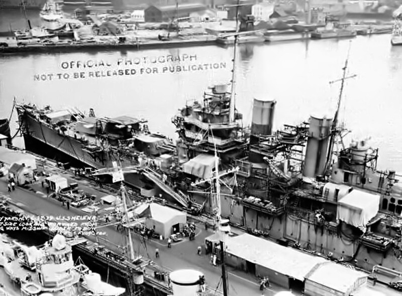 USS Helena (CL-50) - N2364E.jpg :: USS Helena (CL-50), Light Cruiser, Post-WW I - US NAVY PHOTO: USS Helena (CL-50) is seen outfitting across the dock from a completed Bagley class destroyer. Her high directors were the MK34 type which were employed in all WW2 U. S. Cruisers. The anti-aircraft directors are not in place; the device forward of and below the forward MK34 director is a rangefinder, intended as a back-up for the turret and director instruments.