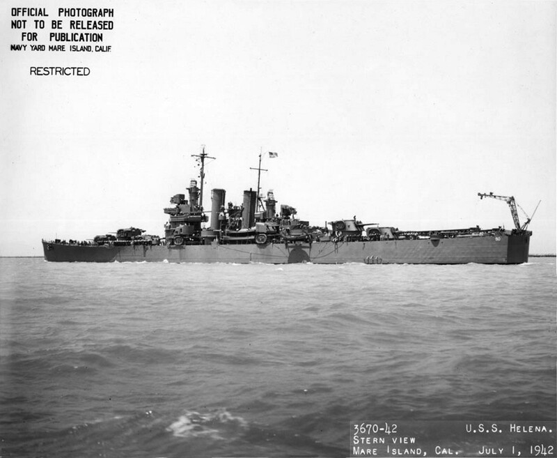USS Helena (CL-50) - N2365E.jpg :: USS Helena (CL-50), Light Cruiser, WW II - US NAVY PHOTO: USS Helena (CL 50) off the Mare Island Navy Yard, California, following battle damage repairs and overhaul, 1 Jul 1942.