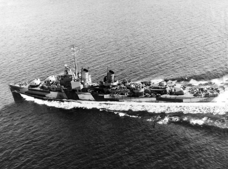 USS John W Weeks (DD-701) - N6748A.jpg :: USS John W. Weeks, (DD-701), Destroyer, WW II - US NAVY PHOTO: USS John W. Weeks (DD-701) aerial broadside, underway, camouflage, 22 Aug 1944.