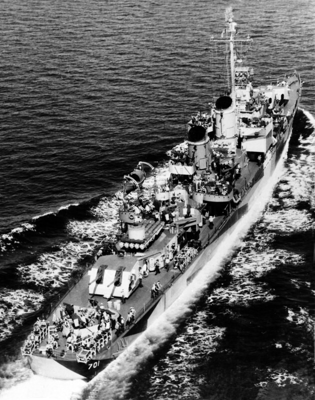 USS John W Weeks (DD-701) - N6749A.jpg :: USS John W. Weeks, (DD-701), Destroyer, WW II - US NAVY PHOTO: USS John W. Weeks (DD-701) aerial 1/4 stern underway, 23 Aug 1944.

