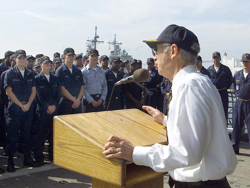 USS John Young (DD-973) - N8371L.jpg :: USS John Young (DD-973), Destroyer, Post-Vietnam War - US NAVY PHOTO: Naval Station, San Diego CA, 16 Oct 2001, The Secretary speaks with the crew of USS John Young (DD 973), giving them encouragement and praise for their commitment to helping in the fight against  terrorism. The ship is scheduled for deployment in the near future. U.S. Navy photograph by Photographer's Mate 1st Class (SCW) Chuck Cavanaugh. 
