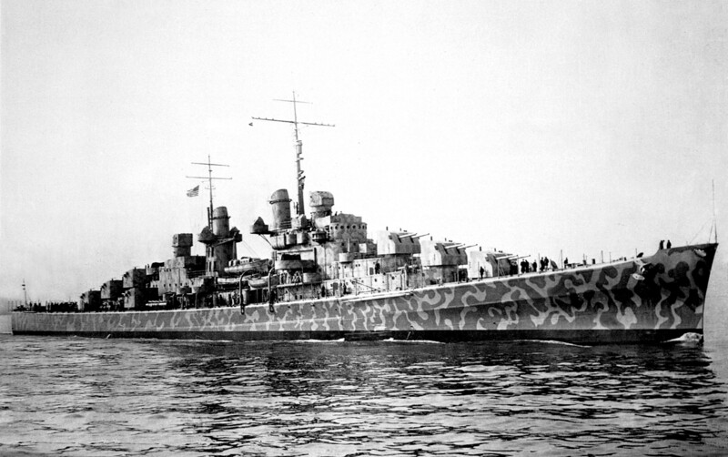 USS Juneau (CL-52) - N2388.jpg :: USS Juneau (CL-52), Light Cruiser, WW II - US NAVY PHOTO: USS Juneau (CL-52) surface 3/4 bow, camouflage, Battle of Midway Island, Feb 1942.