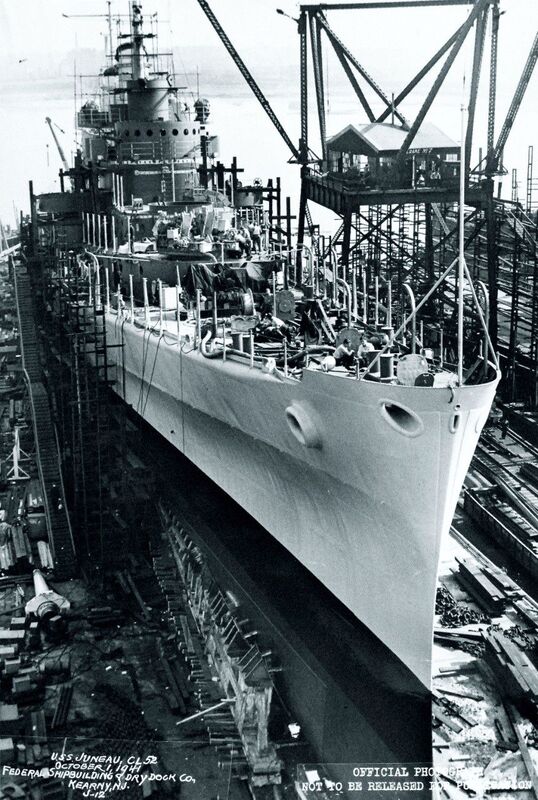 USS Juneau (CL-52) N2388C.jpg :: USS Juneau (CL-52) under construction and preparing for launch at Federal Shipbuilding and Drydock Company, Kearny, New Jersey, 01 October 1941.