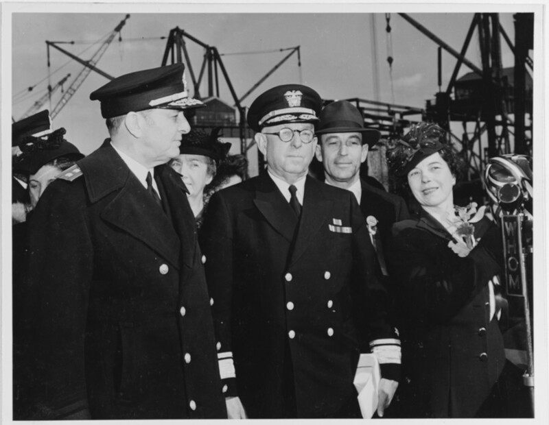 USS Juneau (CL-52) N2388D.jpg :: Ship's launching ceremonies at Federal Shipbuilding Company, Kearny New Jersey on 25 October 1941. From left to right: Rear Admiral Adolphus Andrews, Commandant of the 3rd Naval District, Rear Admiral Harold G. Bowen, USNR, Naval Officer in Charge of Federal Shipbuilding and Drydock Company, Mayor Harry I. Lucus Juneau, and Mrs. (Ina Priest) Harry I. Lucas, sponsor of the USS Juneau.