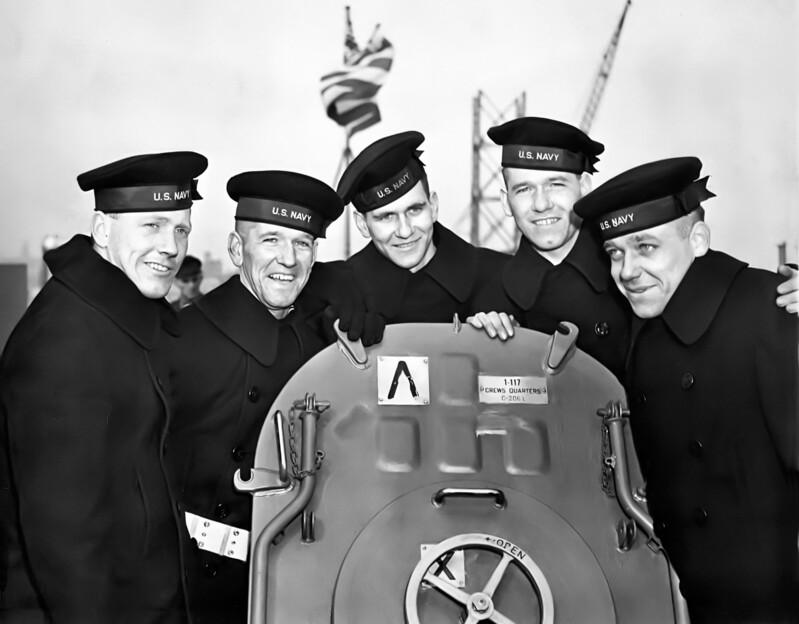 USS Juneau (CL-52) N2389B.jpg :: The five Sullivan brothers on board the cruiser USS Juneau on her commissioning date, 14 February 1942 (sunk 13 November 1942). From left to right: Joseph, Francis, Albert, Madison, and George Sullivan. All five brothers lost.