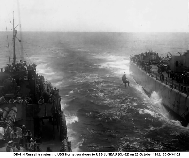 USS Juneau (CL-52) N2389C.jpg :: USS Russell (DD-414) transferring USS Hornet survivors to the USS Juneau (CL-52) on 28 October 1942. Later, on 13 November, the Juneau was sunk by torpedos from the Japanese submarine I-26while withdrawing after the Naval Battle of Guadalcanal. Only 10 crewmembers survived.