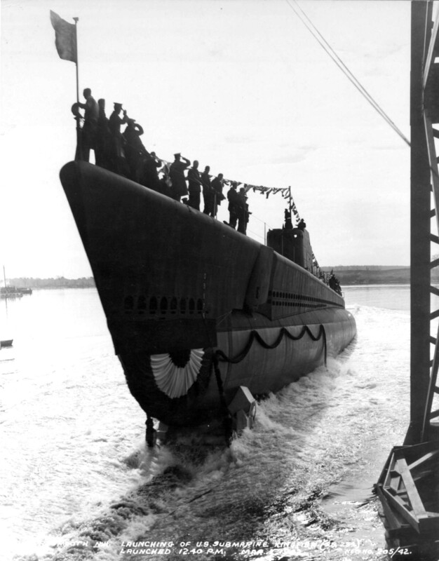 USS Kingfish (SS-234) - N9376D.jpg :: USS Kingfish (SS-234), Submarine - Attack-Fleet, WW II - US NAVY PHOTO: The crew of the USS Kingfish (SS-234) salute the National Ensign as she slides down the launching ways at Portsmouth Navy Yard, Portsmouth, NH; at 12:40 PM on 2 Mar 1942.