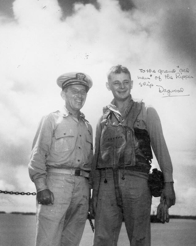 USS Langley (CVL-27) - N623J.jpg :: USS Langley (CVL-27), Light Aircraft Carrier, WW II - US NAVY PHOTO: Captain Wallace M. Dillon, CO, USS Langley (CVL-27), pictured on the flight deck of his ship with Fighting Squadron (VF) 32 pilot, Lieutenant (junior grade) Don \
