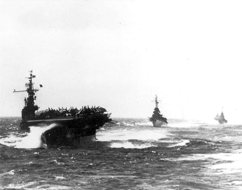 USS Langley (CVL-27) - N625F.jpg :: USS Langley (CVL-27), Light Aircraft Carrier, WW II - US NAVY PHOTO: USS Langley (CVL-27) underway in heavy seas, followed by destroyers, 18 Mar 1945.