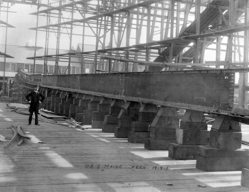 USS Maine (BB-10) - N2961B.jpg :: USS Maine (BB-10), Battleship, Post-Civil War - US NAVY PHOTO: The keel of USS Maine (BB-10) lies mainly on the plain.
