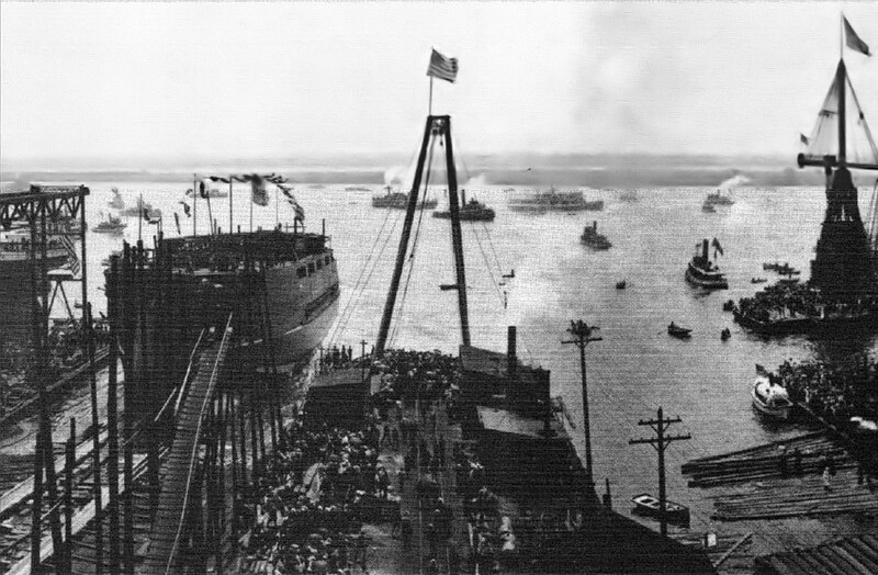 USS Maine (BB-10) - N2961C.jpg :: USS Maine (BB-10), Battleship, Post-Civil War - US NAVY PHOTO: Detail from panorama of the William Cramp & Sons Ship and Engine Building Co. looking east across the Delaware River from Kensington, Philadelphia. 27 Jul 1901. Spectators have gathered for the launch of the second U.S. battleship Maine (BB-10) (foreground). 