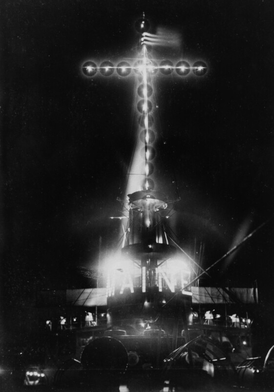 USS Maine (BB-10) - N2961E.jpg :: USS Maine (BB-10), Battleship, Post-Civil War - US NAVY PHOTO: USS Maine (BB-10) illuminated for public display, at Watch Hill, Rhode Island, circa 1903-1905.