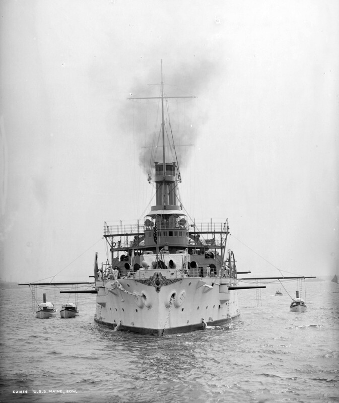 USS Maine (BB-10) - N2961K.jpg :: USS Maine (BB-10), Battleship, Post-Civil-War - US NAVY PHOTO: USS Maine (BB-10) bow on view at anchor with her cutters out, 1905.
