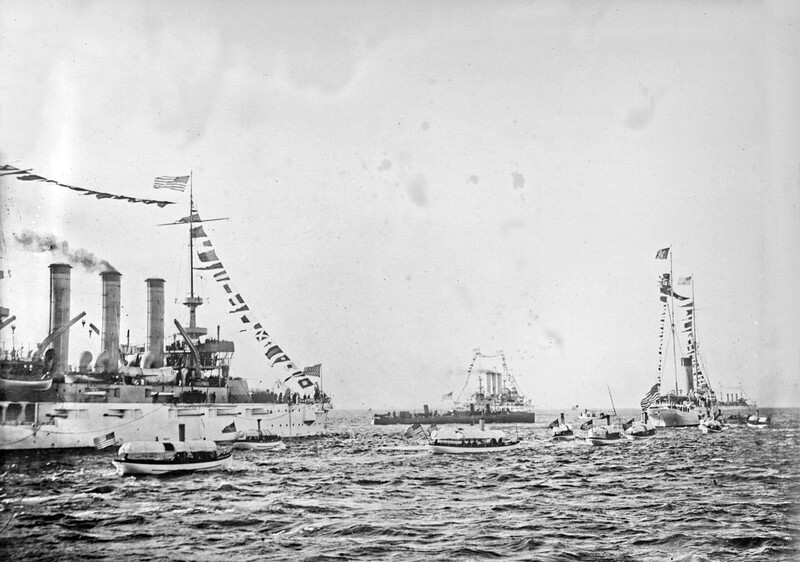 USS Maine (BB-10) - N2962G.jpg :: USS Maine (BB-10), Battleship, Post-Civil-War - US NAVY PHOTO: USS-Missouri (BB-11) is nearest in both photos, based on the location of the Presidential Yacht Mayflower (single stack at right) passing through the line of ships. This puts the date as Teddy Roosevelt's 16 Dec 1907 review of the fleet before it departed Hampton Roads. If the division is in order, the next forward ship should be USS Maine (BB-10) - regardless of order, it is certainly a Maine-class by the pattern of the aft superstructure, so it has to be either Maine or Ohio (BB-12). The distant battleship at right should be the flagship of the 2nd Squadron's Third Division, USS Minnesota (BB-22) and certainly appears to share all the traits of a Connecticut-class battleship, though this is a degree of speculation since the resolution is insufficient to say for absolute certain.