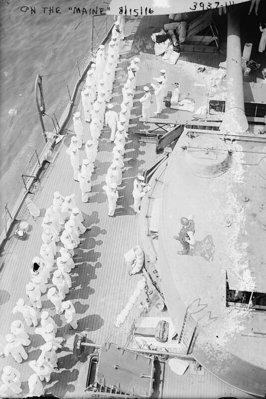 USS Maine (BB-10) - N2963L.jpg :: USS Maine (BB-10), Battleship, WW I - US NAVY PHOTO: Crew in dress whites lined up for inspection on the USS Maine (BB-10), 15 Aug 1916. During World War I, she trained engineers, armed guard crews, and midshipmen.