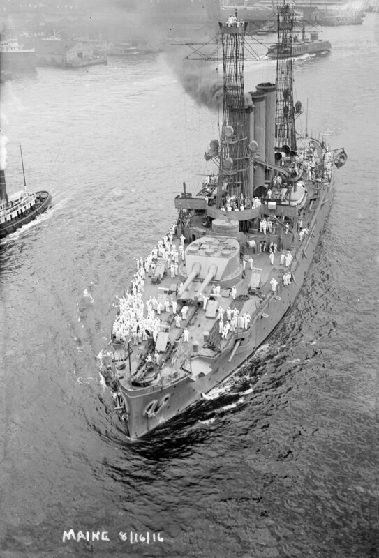 USS Maine (BB-10) - N2963M.jpg :: USS Maine (BB-10), Battleship, WW I - US NAVY PHOTO: Hat's off to the photographer. The crew of the USS Maine (BB-10) acknowledge the plane flying overhead taking their photo on 16 Aug 1916. Philadelphia's' landsmen, in common with their brethren from other cities, are learning how to man big sea Uncle Sam's fighters in a month's cruise along the Atlantic coast.
