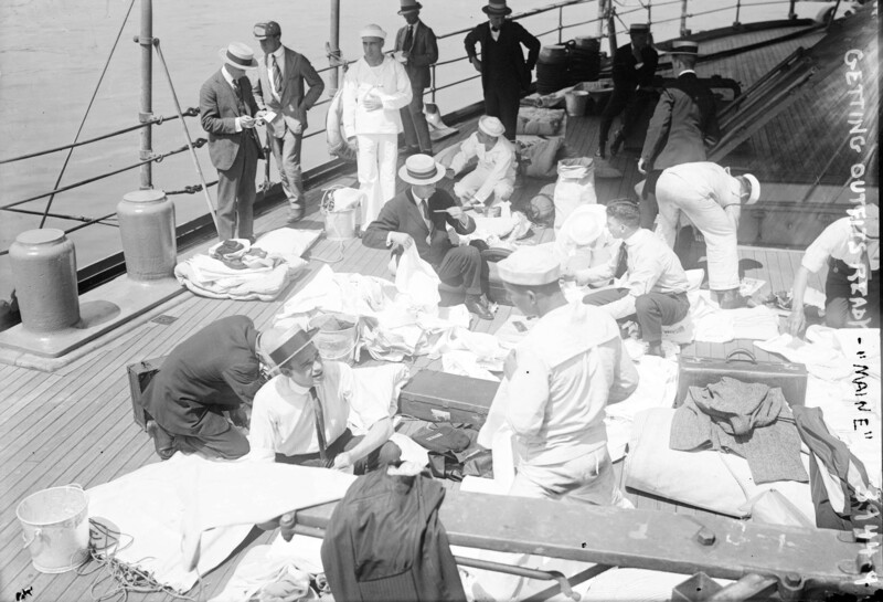 USS Maine (BB-10) - N2964C.jpg :: USS Maine (BB-10), Battleship, WW I - US NAVY PHOTO: Getting outfits ready on the USS Maine (BB-10).

