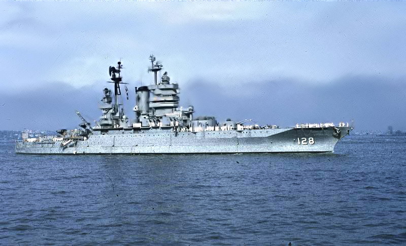 USS Mississippi (AG-128) - N38001D.jpg :: USS Mississippi (AG-128), Gunnery Training Ship, Post-Korean War - US NAVY PHOTO: May 1955 photo showing the USS Mississippi (AG-128) underway in New York harbor.