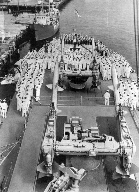 USS Mississippi (AG-128) - N38001E.jpg :: USS Mississippi (AG-128), Gunnery Training Ship, Vietnam War - US NAVY PHOTO: Photo dated 1 Aug 1956 shows her stern stingers. USS Mississippi (AG-128) would be decommissioned next month.