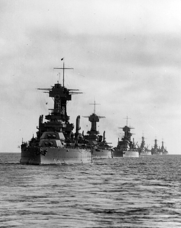 USS Mississippi (BB-41) - N3117D.jpg :: USS Mississippi (BB-41), Battleship, Post-WW I - US NAVY PHOTO: The United States Battle Fleet steaming in column off the California coast during the middle or later 1920s. The three leading ships are (in no particular order) USS Colorado (BB-45), USS Maryland (BB-46) and USS West Virginia (BB-48) followed by USS Tennessee (BB-43), USS Mississippi (BB-41) and two older battleships. Photograph taken from USS California (BB-44).