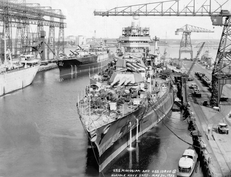 USS Mississippi (BB-41) - N3117J.jpg :: USS Mississippi (BB-41), Battleship, Post-WW I - US NAVY PHOTO: USS Idaho (BB-42) (rear) and USS Mississippi (BB-41) (front) at Norfolk 30 May 1933 during their modernizations.