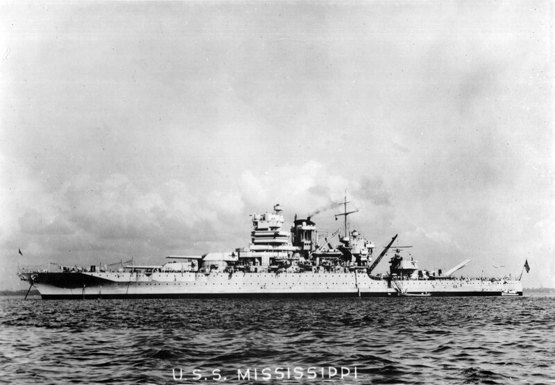 USS Mississippi (BB-41) - N3118G.jpg :: USS Mississippi (BB-41), Battleship, Post-WW I - US NAVY PHOTO: Port side view of the rebuilt USS Mississippi (BB-41) at anchor in late 1933. In addition to the engineering, machinery, armor and superstructure improvements, the main battery gun elevation was raised from 15 to 35 degrees for increased range. No.4 turret shows the rifles at 35 degrees.
