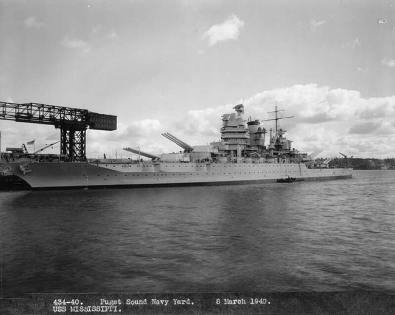USS Mississippi (BB-41) - N3118L.jpg :: USS Mississippi (BB-41), Battleship, Post-WW I - US NAVY PHOTO: The USS Mississippi (BB-41) at the time of her rebuild at Puget Sound Naval Yard, Washington, 8 Mar 1940.
