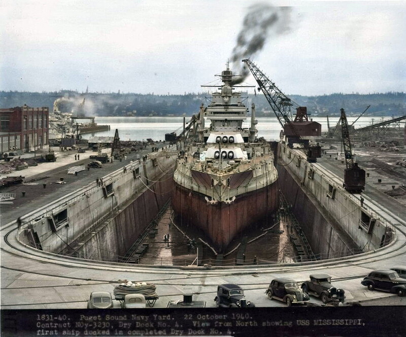 USS Mississippi (BB-41) - N3119G.jpg :: USS Mississippi (BB-41), Battleship, WW II - US NAVY PHOTO: View looking North showing the USS Mississippi (BB-41) on 22 Oct 1940 in Dry Dock No. 4. The Mississippi is the first ship to be docked in the newly completed facility.