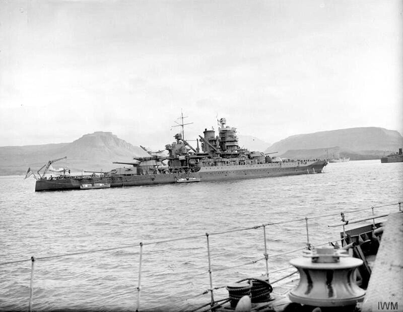 USS Mississippi (BB-41) - N3119K.jpg :: USS Mississippi (BB-41), Battleship, WW II - US NAVY PHOTO: Starboard quarter view of the USS Mississippi (BB-41) anchored at Hvalfjord, Iceland in Oct 1941.