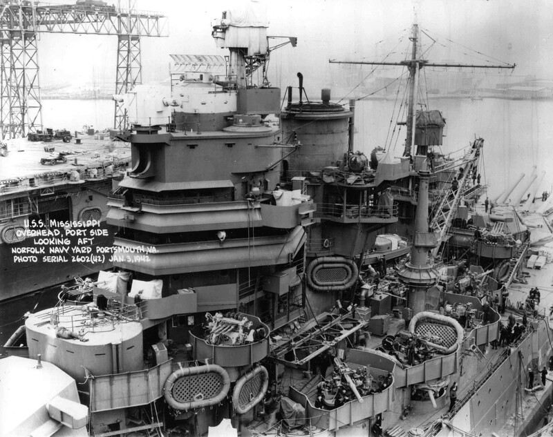 USS Mississippi (BB-41) - N3119M.jpg :: USS Mississippi (BB-41), Battleship, WW II - US NAVY PHOTO: Overhead Port Side view of the USS Mississippi (BB-41) looking aft at Norfolk Navy Yard, Portsmouth, VA. 3 Jan 1942. The USS Wasp (CV-7) is alongside.
