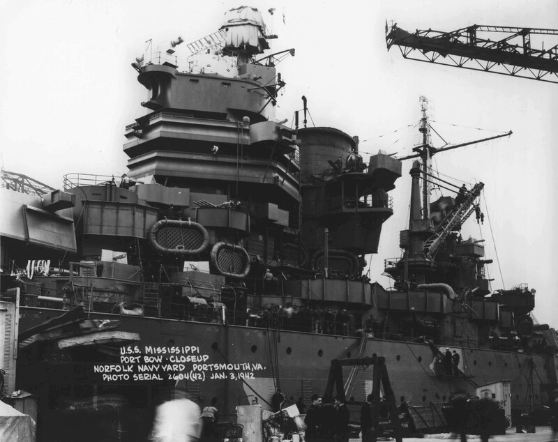 USS Mississippi (BB-41) - N3120G.jpg :: USS Mississippi (BB-41), Battleship, WW II - US NAVY PHOTO: Port bow, close-up of the USS Mississippi (BB-41). Norfolk Navy Yard, Portsmouth, VA. 3 Jan 1942.