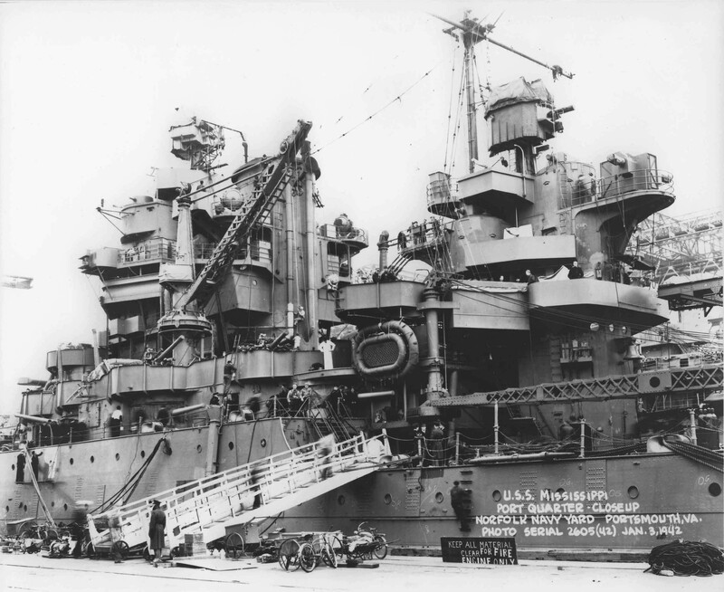 USS Mississippi (BB-41) - N3120H.jpg :: USS Mississippi (BB-41), Battleship, WW II - US NAVY PHOTO: Port Quarter, close-up of the USS Mississippi (BB-41) at Norfolk Navy Yard, Portsmouth, VA. 3 Jan 1942.