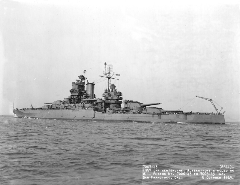 USS Mississippi (BB-41) - N38000.jpg :: USS Mississippi (BB-41), Battleship, WW II - US NAVY PHOTO: Starboard broadside view of the USS Mississippi (BB-41) off San Francisco on 8 Oct 1943.
