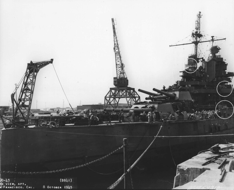 USS Mississippi (BB-41) - N38000A.jpg :: USS Mississippi (BB-41), Battleship, WW II - US NAVY PHOTO: USS Mississippi (BB-41) plan view aft. San Francisco, Ca. 8 Oct 1943.

