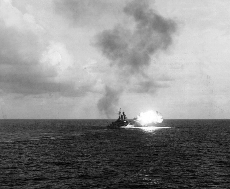 USS Mississippi (BB-41) - N38000D.jpg :: USS Mississippi (BB-41), Battleship, WW II - US NAVY PHOTO: USS Mississippi (BB-41) bombarding Makin Island, Gilbert Islands as seen from the USS Baltimore (CA-68) on 20 Nov 1943.