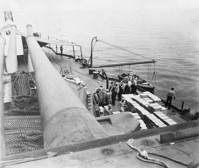USS Mississippi (BB-41) - N38000E.jpg :: USS Mississippi (BB-41), Battleship, WW II - US NAVY PHOTO: USS Mississippi (BB-41) transferring supplies in mid-1945.
