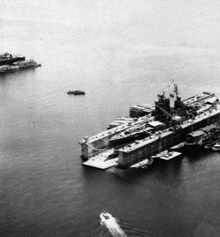 USS Mississippi (BB-41) - N38000F.jpg :: USS Mississippi (BB-41), Battleship, WW II - US NAVY PHOTO: USS Mississippi (BB-41), 1st battleship dry-docked for repair at Guiuan, Samar Islands, Philippines in ABSD-5. Photograph received 6 Jul 1945.