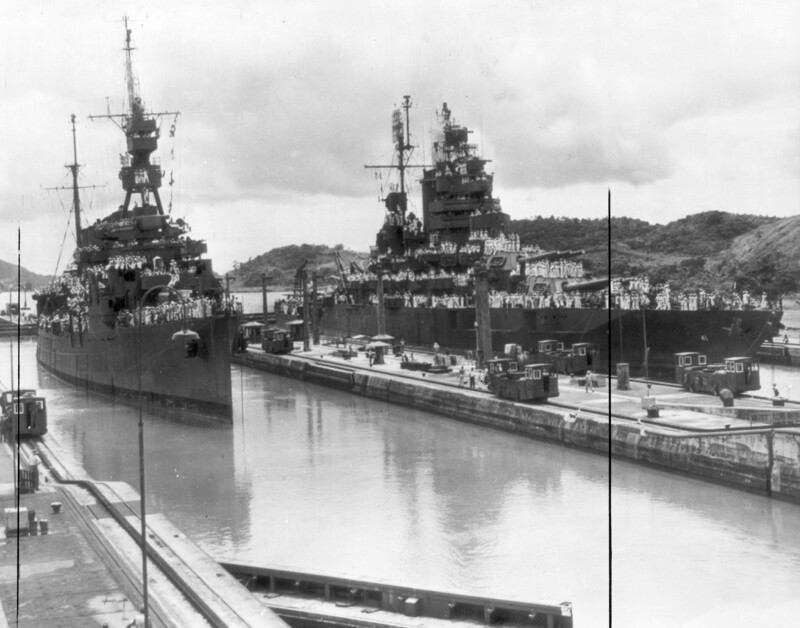 USS Mississippi (BB-41) - N38000J.jpg :: USS Mississippi (BB-41), Battleship, WW II - US NAVY PHOTO: USS Mississippi (BB-41) and the light cruiser USS Concord (CL-8), en route for Navy Day celebrations, are towed on 8 Oct 1945 in the Panama Canal. The force arrived as TF 11 and departed to East Coast ports on 12 Oct as TF62.