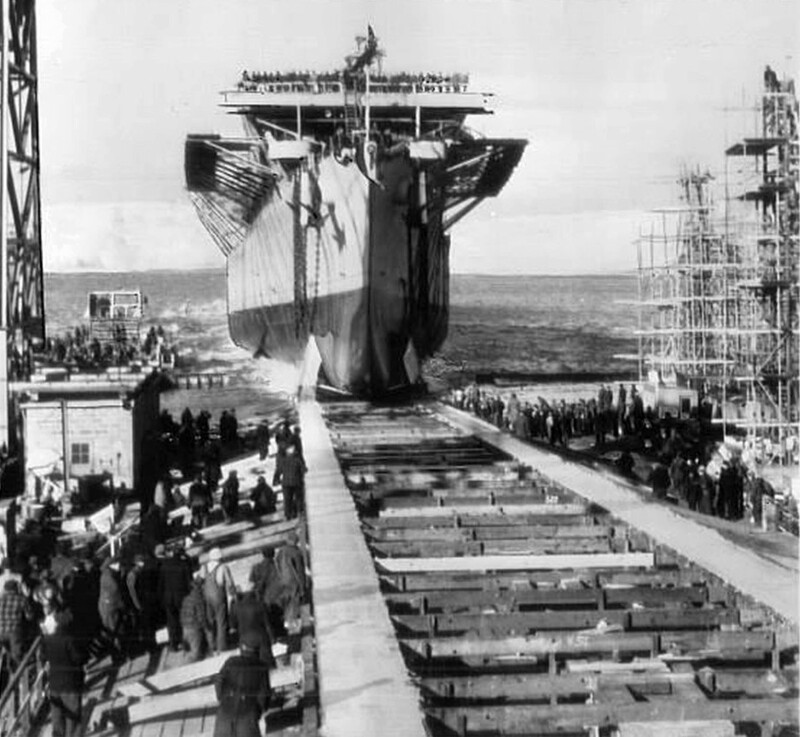 USS Monterey (CVL-26) - N611E.jpg :: USS Monterey (CVL-26), Light Aircraft Carrier, WW II - US NAVY PHOTO: CAMDEN, N.J., 28 Feb 1943 - TO JOIN FLEET.  The USS Monterey (CV-26) is launched today thirteen and a half months after the keel-laying at the yards of the New York Shipbuilding Corporation. The aircraft carrier is the fifth of its class launched since Aug 1942. The sponsor was Mrs. P.N.L. Bellinger of Washington D.C. 