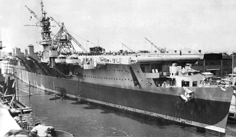 USS Monterey (CVL-26) - N611F.jpg :: USS Monterey (CVL-26), Light Aircraft Carrier, WW II - US NAVY PHOTO: USS Monterey (CV-26) in Jun 1943, only a few days before commissioning, at the fitting-out basin at Camden, NJ. Measure 22 is carried.