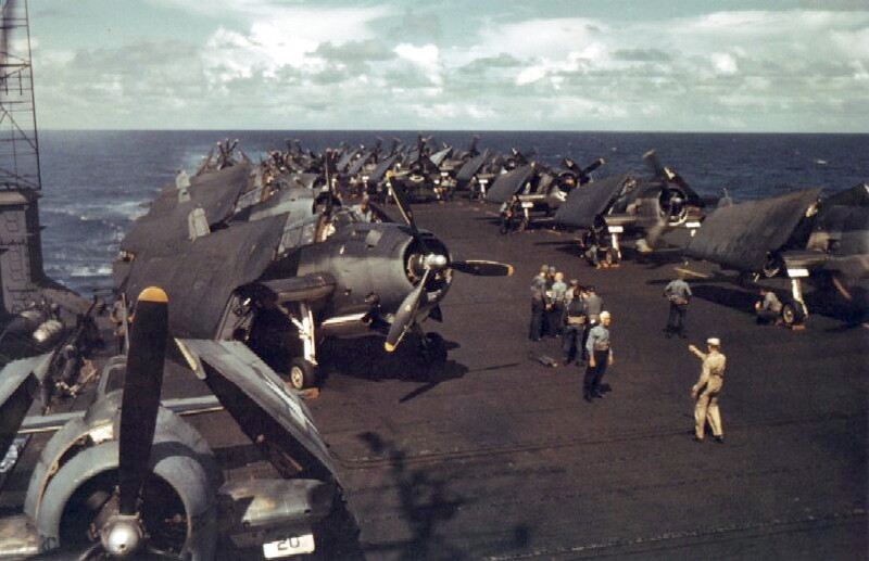 USS Monterey (CVL-26) - N611M.jpg :: USS Monterey (CVL-26), Light Aircraft Carrier, WW II - US NAVY PHOTO: Carrier Air Group 30 aircraft being prepared on board USS Monterey (CVL-26) for a raid on the Gilbert Islands during Nov Dec 1943. USN.